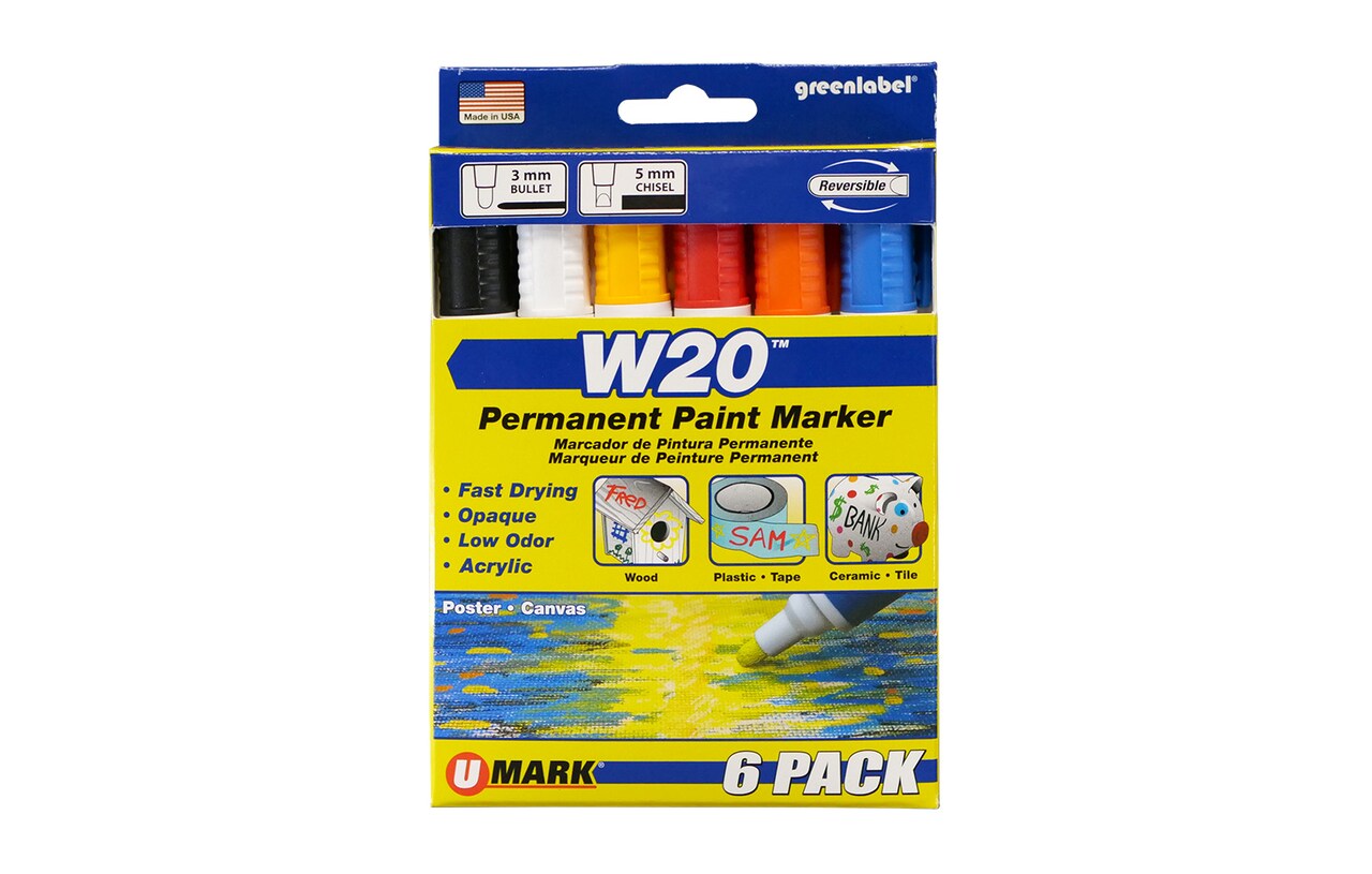 U-Mark W20 Permanent Paint Marker 6 Pack Box - 1 ea. Black, Red, Blue, White, Yellow and Orange
